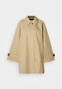 Bézs trench kabát klasszikus gallérral, túlméretezett ujjakkal, gombos mandzsettával és két első zsebbel. Sima, vízálló anyagból készült.