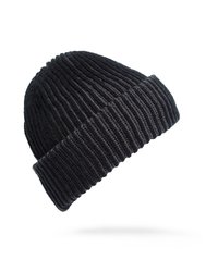 Bonnet en tricot noir côtelé avec revers, présenté sur fond blanc.