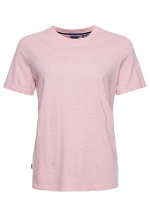 Jasnoróżowy bawełniany t-shirt z krótkim rękawem, okrągłym dekoltem i małą tkaną metką na lewym bocznym szwie.