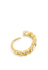 Anello con catena tono oro caratterizzato da anelli interconnessi e design della banda aperta per una facile indossabilità. Texture liscia con una finitura lucida.