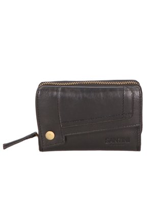 Portafoglio in pelle nera con chiusura con zip, pattina frontale con bottone a pressione e logo "Santini" impresso nell'angolo in basso a destra.