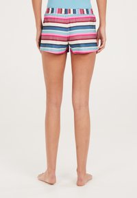 Pruhované plavky v růžové, modré a hnědé barvě s elastickým pasem a středním střihem. Hladká tkanina s lehkým designem.