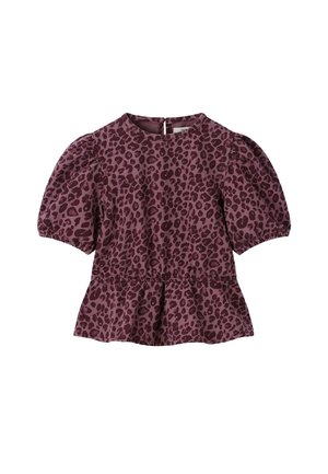 Blouse à manches courtes à imprimé léopard violet avec manches bouffantes, col rond et ourlet à basque, dotée d'une fermeture à boutons dans le dos.