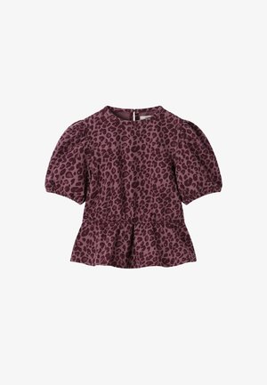 Lila Kurzarm-Bluse mit Leopardenmuster, Puffärmeln, rundem Ausschnitt und Peplum-Saum, mit Knopfverschluss auf der Rückseite.