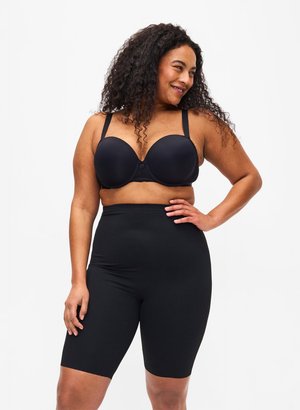 Black undergarments including a molded, padded bra with adjustable straps and seamless, high-waisted shorts. Smooth texture, fitted design.