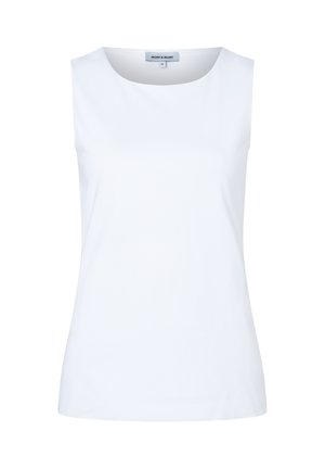 Weißes ärmelloses Damenoberteil mit rundem Ausschnitt, schlichtem Design und einem METMORE Markenetikett am Kragen.