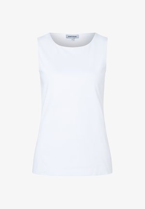 Weißes ärmelloses Damenoberteil mit rundem Ausschnitt, schlichtem Design und einem METMORE Markenetikett am Kragen.