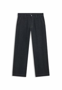 Pantaloni in denim blu scuro con taglio a gamba dritta, cuciture a contrasto, chiusura frontale con bottoni e due tasche laterali.