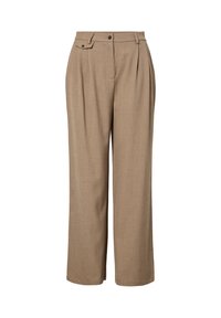 Μπεζ παντελόνι με φαρδιά μπατζάκια και ψηλή μέση, με πιέτες, θηλιές για ζώνη, εμπρόσθιο κουμπί, φερμουάρ και μικρή τσέπη με καπάκι στη μέση.