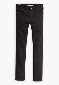 Jean noir coupe slim avec cinq poches, passants de ceinture et fermeture par bouton, posé à plat sur fond blanc.