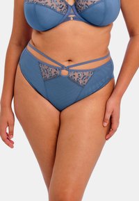 Blue lingerie set featuring sheer leopard print panels, adjustable straps, and a keyhole detail at the waist, designed with soft material.