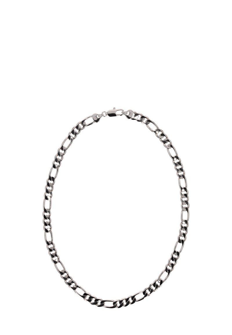 Silberne Metallkette mit ineinandergreifenden ovalen und runden Gliedern, ausgestattet mit einem sicheren Verschluss und einer glatten, polierten Oberfläche.