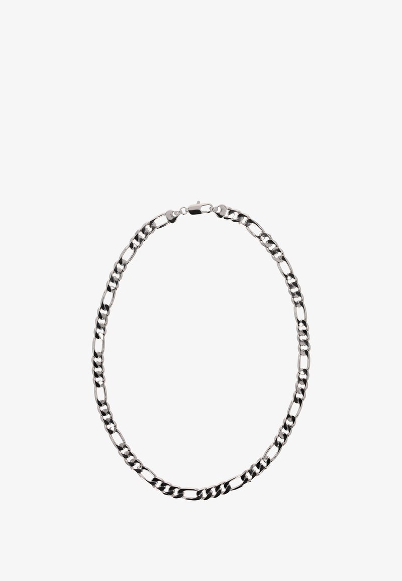 Stříbrný kovový řetízek s propletenými oválnými a kulatými články, vybavený bezpečným zapínáním a hladkým, leštěným povrchem.