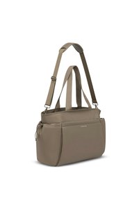 Beige reistas met een gestructureerd ontwerp, voorzien van dubbele handgrepen, een afneembare riem en een buitenvak. Gemaakt van duurzaam materiaal.