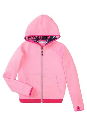 Lyserød hættetrøje med lynlås, kængurulommer, mørk lyserød kant, tommelfingerhul i ærmekanten og indvendig hættefor i bladmønster.