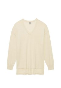 Pull en maille col V de couleur crème avec manches longues et coupe décontractée, présentant une texture subtile et des poignets côtelés pour un détail supplémentaire.