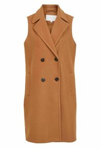 Manteau sans manches en laine camel marron à double boutonnage avec larges revers et poches latérales, longueur genoux, fermeture par boutons.