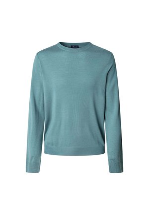 Jasnoniebieski sweter z długim rękawem wykonany z cienkiej dzianiny. Posiada okrągły dekolt oraz ściągacze na rękawach i u podstawy. Gładka tekstura i luźny krój.