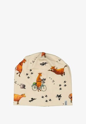 Beani-hattu vaaleassa kankaanvärissä, jossa on värikkäitä lehmäkuvioita, polkupyöriä ja lintuteemoja. Yhdistää pehmeän tekstuurin ja pyöreän huipun.