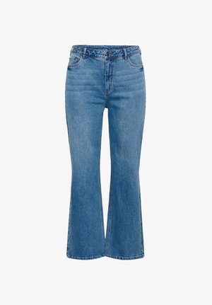 Vaaleansiniset farkut, joissa on korkea vyötärö, leveät liehukkeet, etutaskut ja ommellut yksityiskohdat saumoissa. Varustettu metallinapilla.