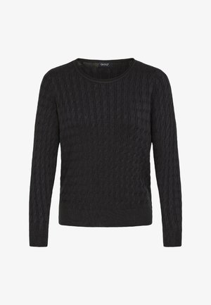 Schwarzer gestrickter Pullover mit rundem Halsausschnitt, der ein strukturiertes Zopf-Muster, lange Ärmel und gerippte Bündchen sowie Saum aufweist.