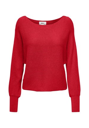 Red ribbed sweater with wide neckline and long sleeves. Knit texture with loose fit and slightly cropped length. Label visible inside.