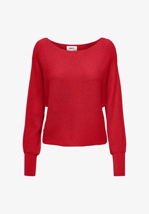 Rdeča rebrasta pulover s širokim izrezom in dolgimi rokavi. Pletena struktura z ohlapnim krojem in nekoliko krajšim dolžinom. Oznaka vidna znotraj.