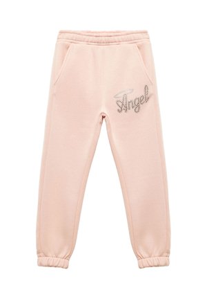 Helle rosa Sweatpants mit einem elastischen Bund, seitlichen Taschen und gerafften Bündchen, mit silbernen Strasssteinen besticktem "Angel"-Schriftzug auf der Vorderseite.