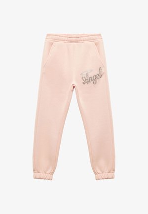 Jasnoróżowe spodnie dresowe z elastycznym paskiem, bocznymi kieszeniami i ściągaczami, zdobione haftem z srebrnych cyrkonii z napisem "Angel" z przodu.