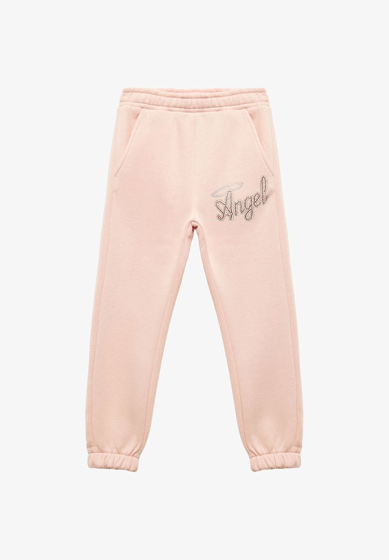 Pantalones de chándal rosa claro con una cinturilla elástica, bolsillos laterales y puños fruncidos, que presentan un bordado de strass plateado que dice "Ángel" en la parte frontal.