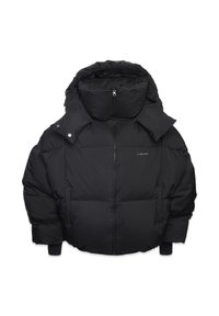 Czarna kurtka puchowa z wysokim kołnierzem, szerokimi ramionami i żebrowanymi mankietami. Posiada zamek z przodu oraz pikowane sekcje dla zapewnienia izolacji.