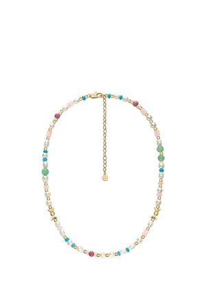 Halskette mit kleinen, mehrfarbigen Perlen, darunter Perlen, Türkis, Rosa, Grün und goldene Schmetterlingsanhänger, mit goldener Kettenverschluß und Verlängerungskette.