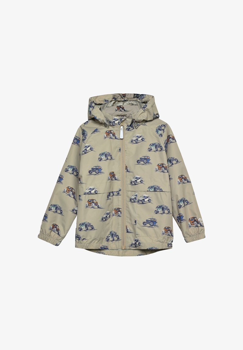 Veste légère beige avec imprimé de voiture, dotée d'une capuche, d'une fermeture éclair, de poignets élastiques et de poches latérales pour plus de fonctionnalité.