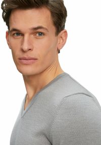 Maglione grigio a maglia con scollatura a V, forma aderente e texture liscia, messo in risalto da cuciture sottili sulle spalle.