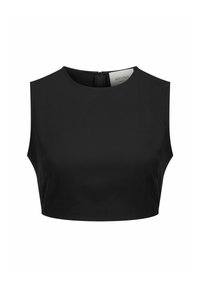 Zwarte mouwloze crop top met een hoge halslijn, gestructureerde pasvorm, een gladde textuur en een verborgen rits op de rug. De stof lijkt lichtgewicht en rekbaar te zijn.