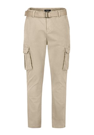 Beige Cargo-Hosen mit geradem Schnitt, ausgestattet mit zwei Seitentaschen, Gürtelschlaufen und einem robusten Material für Langlebigkeit.