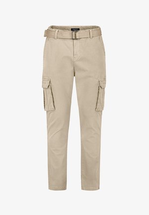 Beige cargo pants with a straight cut, featuring two side pockets, belt loops, and a sturdy fabric for durability.