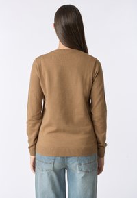 Maglione marrone a maniche lunghe con scollo rotondo e polsini a coste, indossato sopra jeans azzurri chiari. Tessuto morbido e vestibilità casual.
