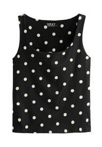Black tank top made of cotton, featuring large white polka dots, a rounded neckline, and shoulder straps. Smooth texture and casual design.