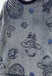 Gray fleece sweatshirt featuring blue embroidered designs of planets, stars, and an astronaut character. Soft texture with a dark collar.