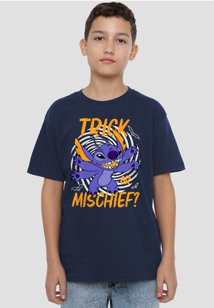 Navy cotton t-shirt featuring a purple character with orange accents. Text reads "TRICK OR MISCHIEF?" framed by a spiral design and bats.
