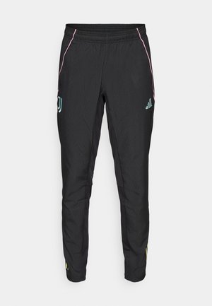 Pantaloni sportivi neri con una texture liscia. Presentano dettagli rosa e turchese, una vita elastica e dettagli del logo sui lati.