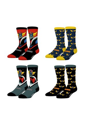 Quatre paires de chaussettes colorées présentant un motif de visage de robot avec des ailes dans des variations de couleurs rouge, jaune, bleu marine, gris et noir.