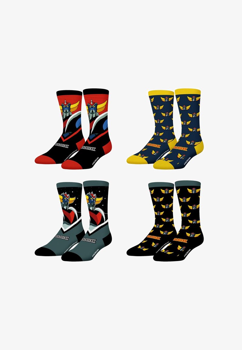 Quatre paires de chaussettes colorées présentant un motif de visage de robot avec des ailes dans des variations de couleurs rouge, jaune, bleu marine, gris et noir.
