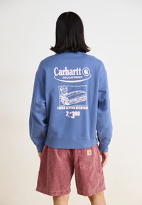 Sweatshirt de algodão azul com uma impressão gráfica nas costas, contendo texto rosa e uma imagem de um sanduíche. Usado com calções de veludo-canelado rosa.