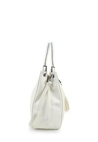 White leather handbag with a textured surface, two long handles, and a detachable strap. Features a tassel and silver hardware accents.