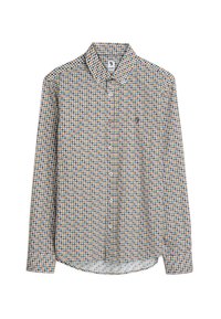 Langemouwen shirt van lichte stof met een algeheel geometrisch patroon en blauwe, rode en gele accenten. Met knoopsluiting, normale pasvorm.