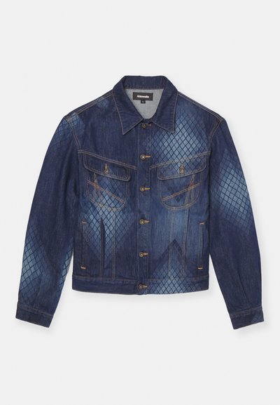 Denim jacket featuring a dark blue wash with lighter diamond patterns, two chest pockets, button closures, and classic collar design.