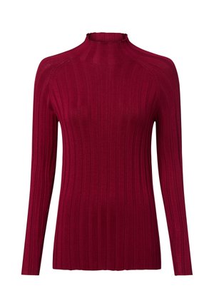 Pull en maille côtelée bordeaux à manches longues et col montant, doté d'un tissu texturé et d'une coupe ajustée pour une silhouette épurée.