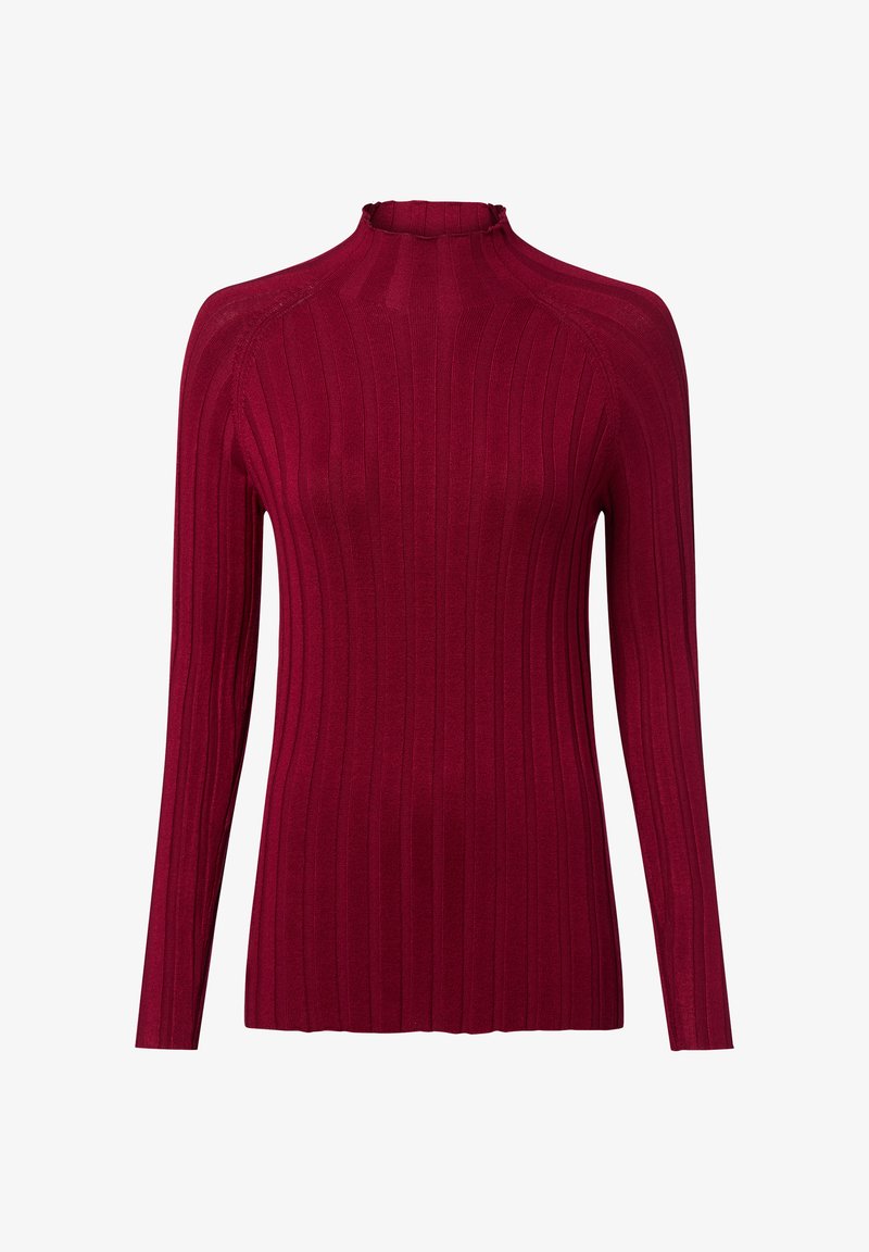 Bordowy sweter z długim rękawem i prążkowanym wzorem, z wysokim kołnierzem, wykonany z teksturowanej tkaniny i dopasowanej konstrukcji, zapewniającej smukłą sylwetkę.
